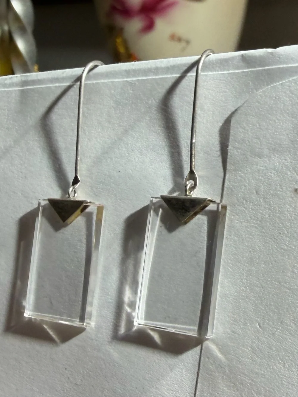 Vintage 925 Sterling Silver Clear Rectangle Drop Earrings